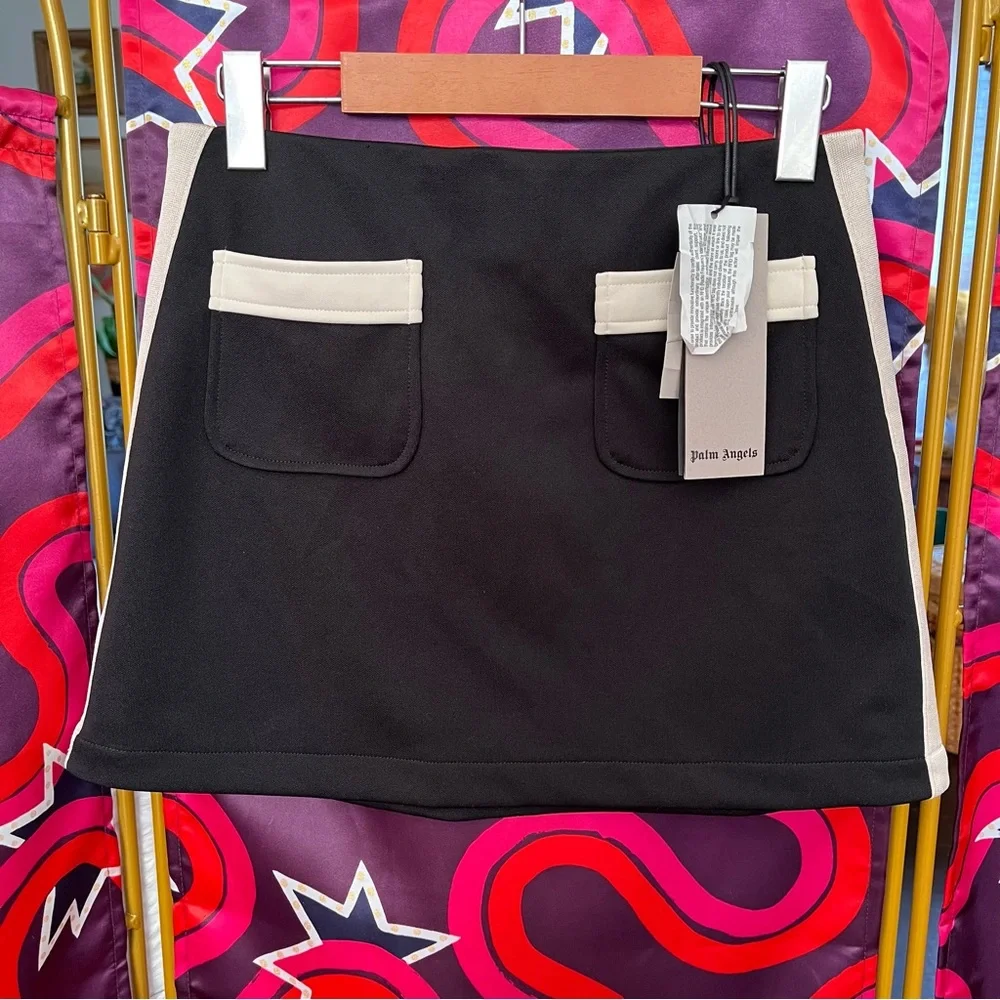 NWT Palm Angels Stripe Detail Track Mini Skirt Pockets Black Off White Authentic - Picture 6 of 16